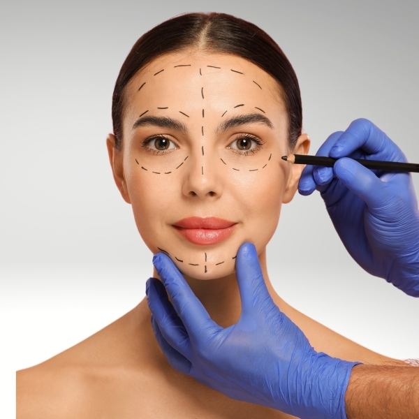 Side view profile comparison of a female patient before and 6 months after a deep plane facelift and neck lift procedure.